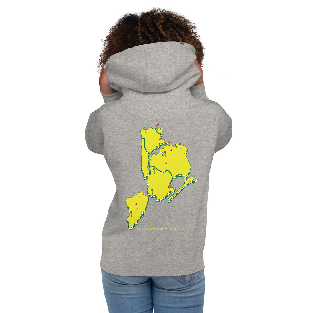  hoodie with green 'Queens Country Club New York' text on front Minimalist NYC golf streetwear inspired by borough pride and classic athletic aesthetics. Back of   hoodie featuring bold yellow map of New York City’s five boroughs with red golf flags and the tagline 'The City’s Country Club.' Unique public golf-inspired streetwear celebrating NYC municipal golf culture