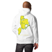  hoodie with green 'Queens Country Club New York' text on front Minimalist NYC golf streetwear inspired by borough pride and classic athletic aesthetics. Back of   hoodie featuring bold yellow map of New York City’s five boroughs with red golf flags and the tagline 'The City’s Country Club.' Unique public golf-inspired streetwear celebrating NYC municipal golf culture
