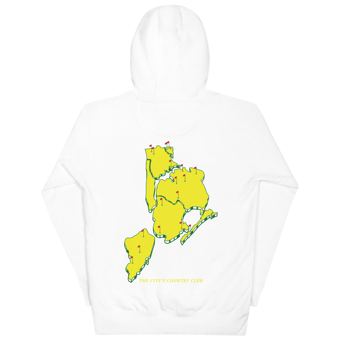  hoodie with green 'Queens Country Club New York' text on front Minimalist NYC golf streetwear inspired by borough pride and classic athletic aesthetics. Back of   hoodie featuring bold yellow map of New York City’s five boroughs with red golf flags and the tagline 'The City’s Country Club.' Unique public golf-inspired streetwear celebrating NYC municipal golf culture