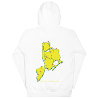  hoodie with green 'Queens Country Club New York' text on front Minimalist NYC golf streetwear inspired by borough pride and classic athletic aesthetics. Back of   hoodie featuring bold yellow map of New York City’s five boroughs with red golf flags and the tagline 'The City’s Country Club.' Unique public golf-inspired streetwear celebrating NYC municipal golf culture