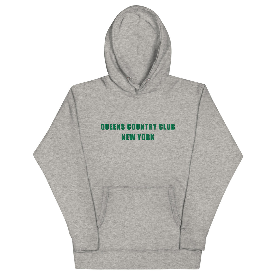  hoodie with green 'Queens Country Club New York' text on front Minimalist NYC golf streetwear inspired by borough pride and classic athletic aesthetics. Back of   hoodie featuring bold yellow map of New York City’s five boroughs with red golf flags and the tagline 'The City’s Country Club.' Unique public golf-inspired streetwear celebrating NYC municipal golf culture