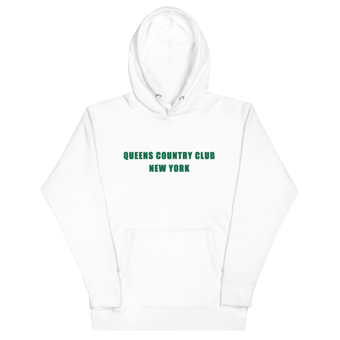  hoodie with green 'Queens Country Club New York' text on front Minimalist NYC golf streetwear inspired by borough pride and classic athletic aesthetics. Back of   hoodie featuring bold yellow map of New York City’s five boroughs with red golf flags and the tagline 'The City’s Country Club.' Unique public golf-inspired streetwear celebrating NYC municipal golf culture