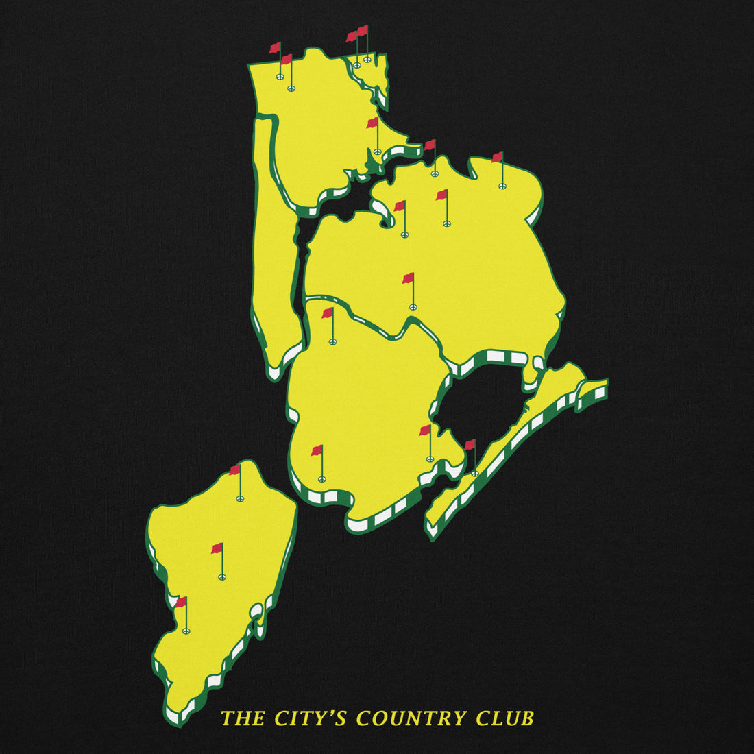   hoodie with green 'Queens Country Club New York' text on front Minimalist NYC golf streetwear inspired by borough pride and classic athletic aesthetics. Back of   hoodie featuring bold yellow map of New York City’s five boroughs with red golf flags and the tagline 'The City’s Country Club.' Unique public golf-inspired streetwear celebrating NYC municipal golf culture