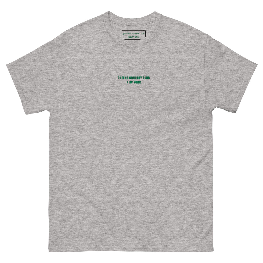   Queens Country Club T-shirt featuring minimalist front text 'Queens Country Club New York' and bold back graphic of NYC borough map with golf flags. Public golf streetwear celebrating New York City's municipal golf culture
