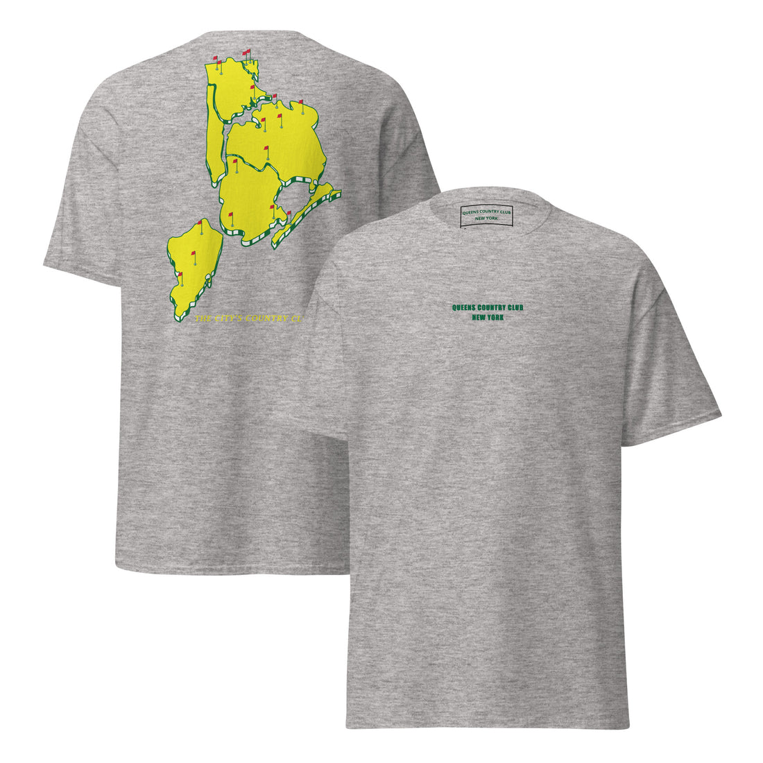   Queens Country Club T-shirt featuring minimalist front text 'Queens Country Club New York' and bold back graphic of NYC borough map with golf flags. Public golf streetwear celebrating New York City's municipal golf culture
