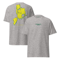   Queens Country Club T-shirt featuring minimalist front text 'Queens Country Club New York' and bold back graphic of NYC borough map with golf flags. Public golf streetwear celebrating New York City's municipal golf culture