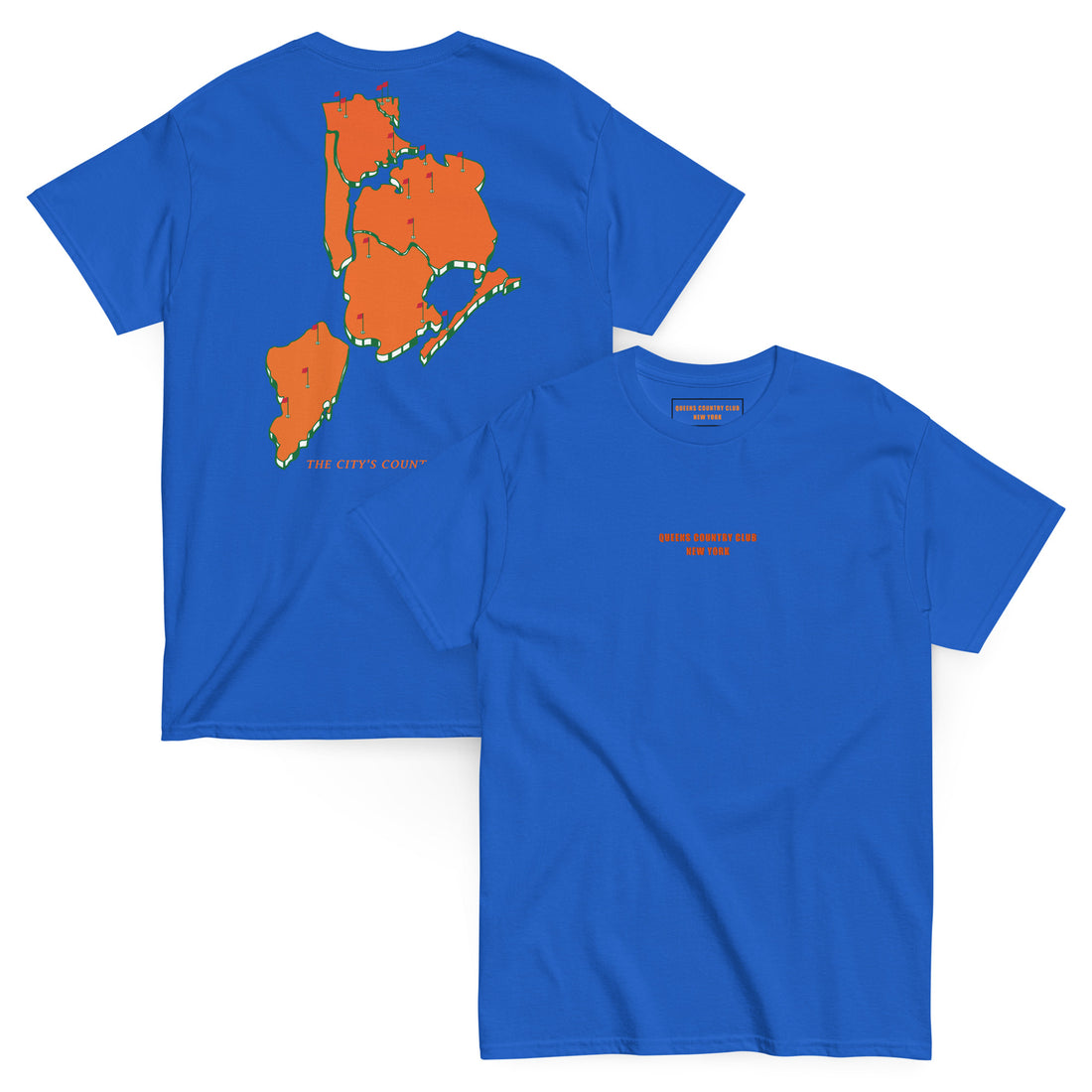  Queens Country Club.  Queens Country Club T-shirt featuring minimalist front text 'Queens Country Club New York' and bold back graphic of NYC borough map with golf flags. Public golf streetwear celebrating New York City's municipal golf culture