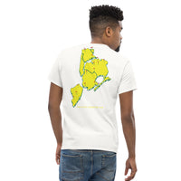   Queens Country Club T-shirt featuring minimalist front text 'Queens Country Club New York' and bold back graphic of NYC borough map with golf flags. Public golf streetwear celebrating New York City's municipal golf culture