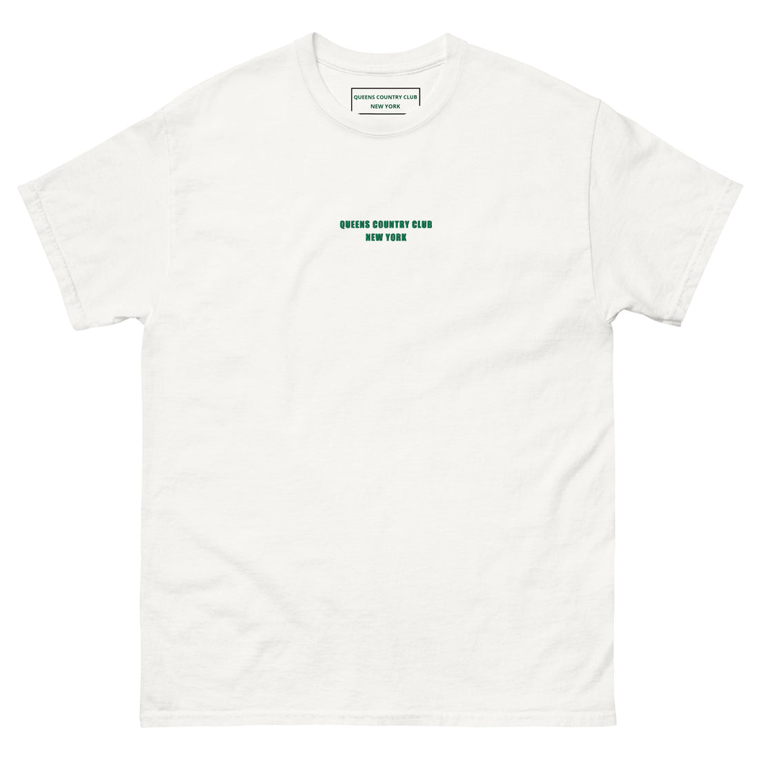  Queens Country Club T-shirt featuring minimalist front text 'Queens Country Club New York' and bold back graphic of NYC borough map with golf flags. Public golf streetwear celebrating New York City's municipal golf culture