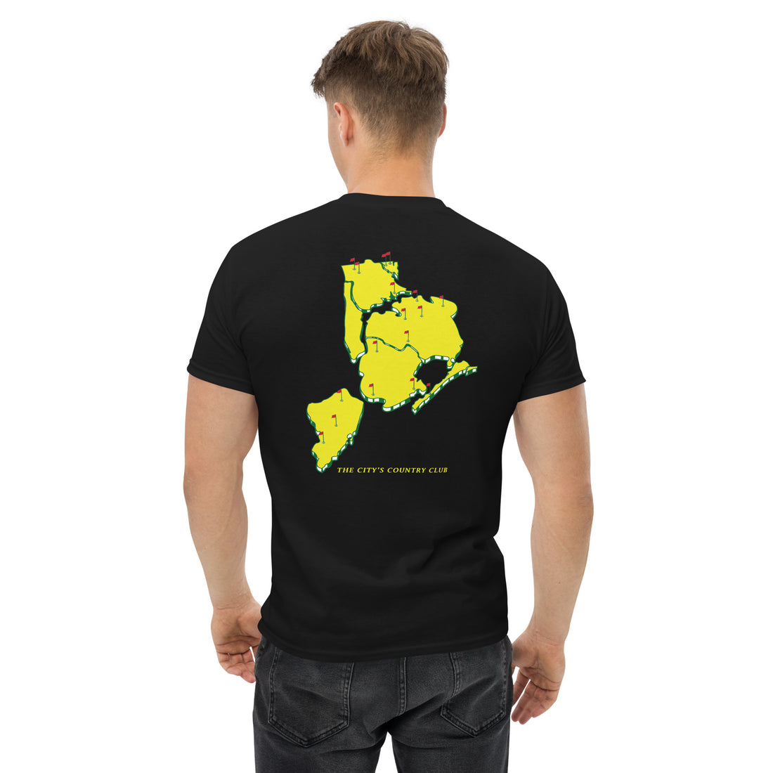   Queens Country Club T-shirt featuring minimalist front text 'Queens Country Club New York' and bold back graphic of NYC borough map with golf flags. Public golf streetwear celebrating New York City's municipal golf culture