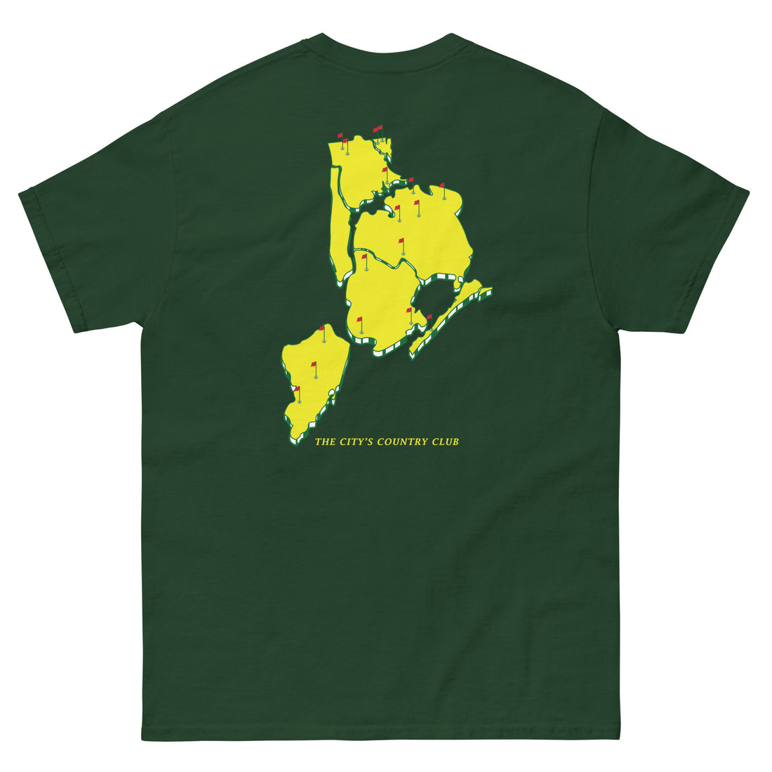   Queens Country Club T-shirt featuring minimalist front text 'Queens Country Club New York' and bold back graphic of NYC borough map with golf flags. Public golf streetwear celebrating New York City's municipal golf culture