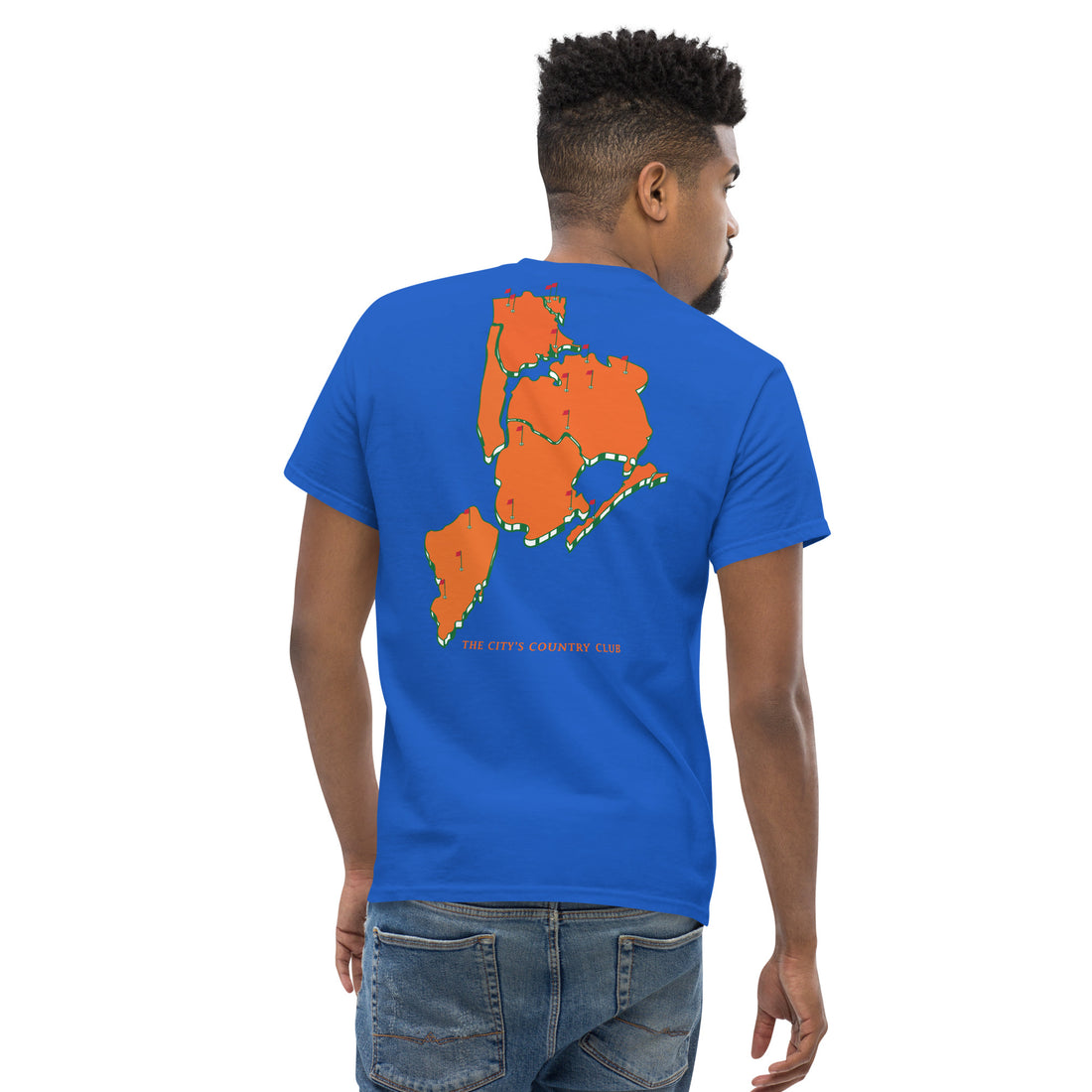  Queens Country Club.  Queens Country Club T-shirt featuring minimalist front text 'Queens Country Club New York' and bold back graphic of NYC borough map with golf flags. Public golf streetwear celebrating New York City's municipal golf culture