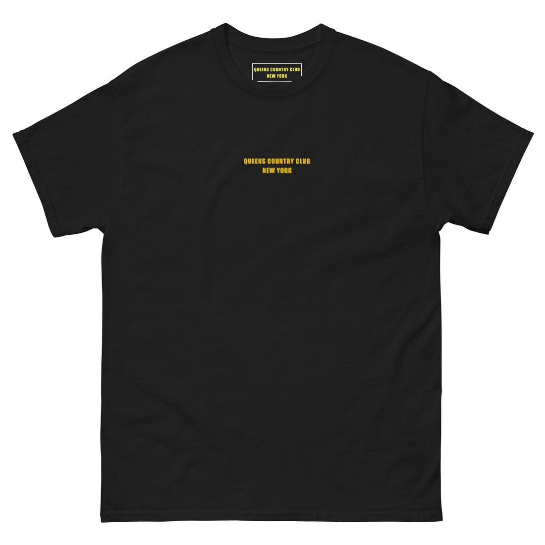   Queens Country Club T-shirt featuring minimalist front text 'Queens Country Club New York' and bold back graphic of NYC borough map with golf flags. Public golf streetwear celebrating New York City's municipal golf culture