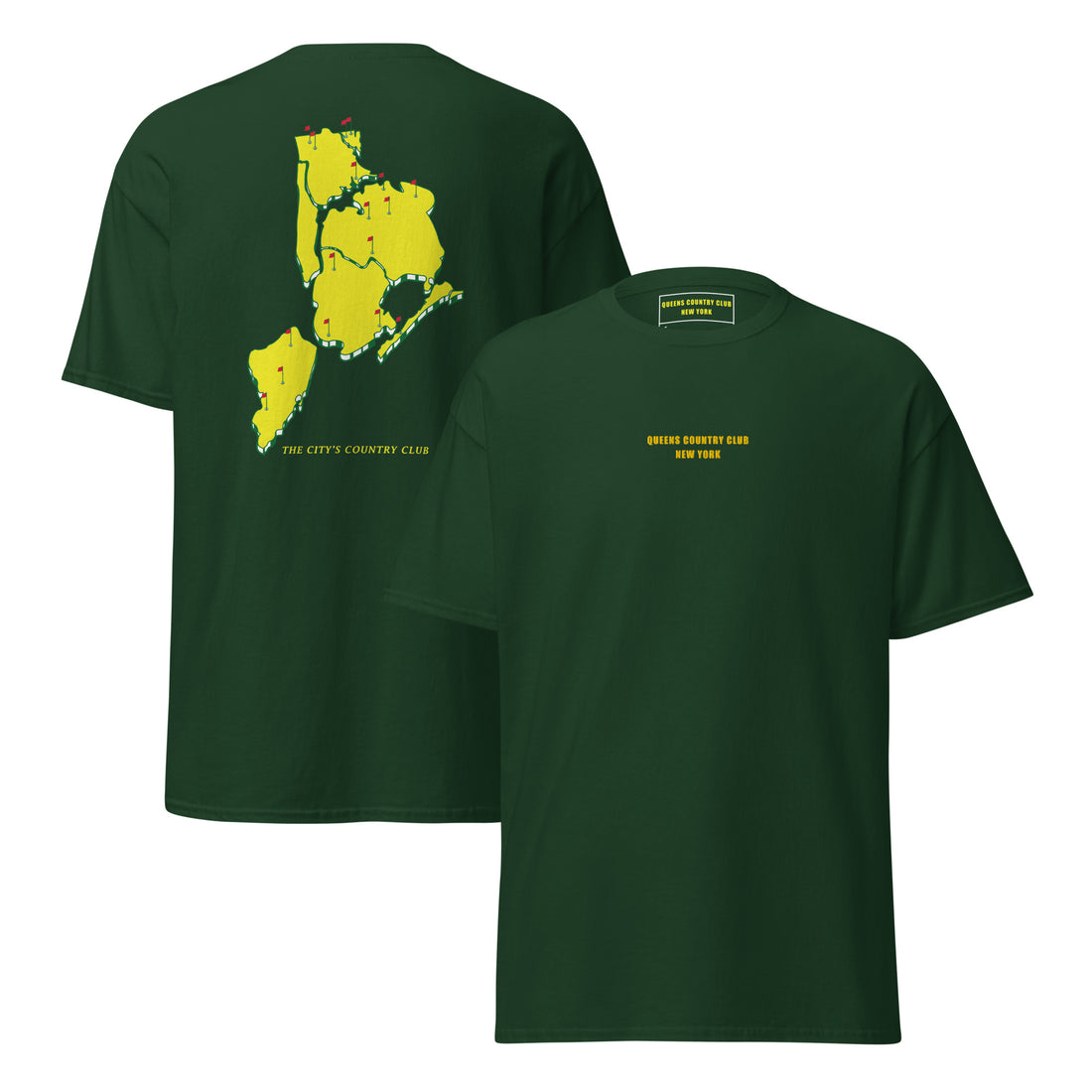 NYC Masters Cotton Tee Green &  Black - Queens Country Club.  Queens Country Club T-shirt featuring minimalist front text 'Queens Country Club New York' and bold back graphic of NYC borough map with golf flags. Public golf streetwear celebrating New York City's municipal golf culture