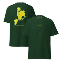 NYC Masters Cotton Tee Green &  Black - Queens Country Club.  Queens Country Club T-shirt featuring minimalist front text 'Queens Country Club New York' and bold back graphic of NYC borough map with golf flags. Public golf streetwear celebrating New York City's municipal golf culture