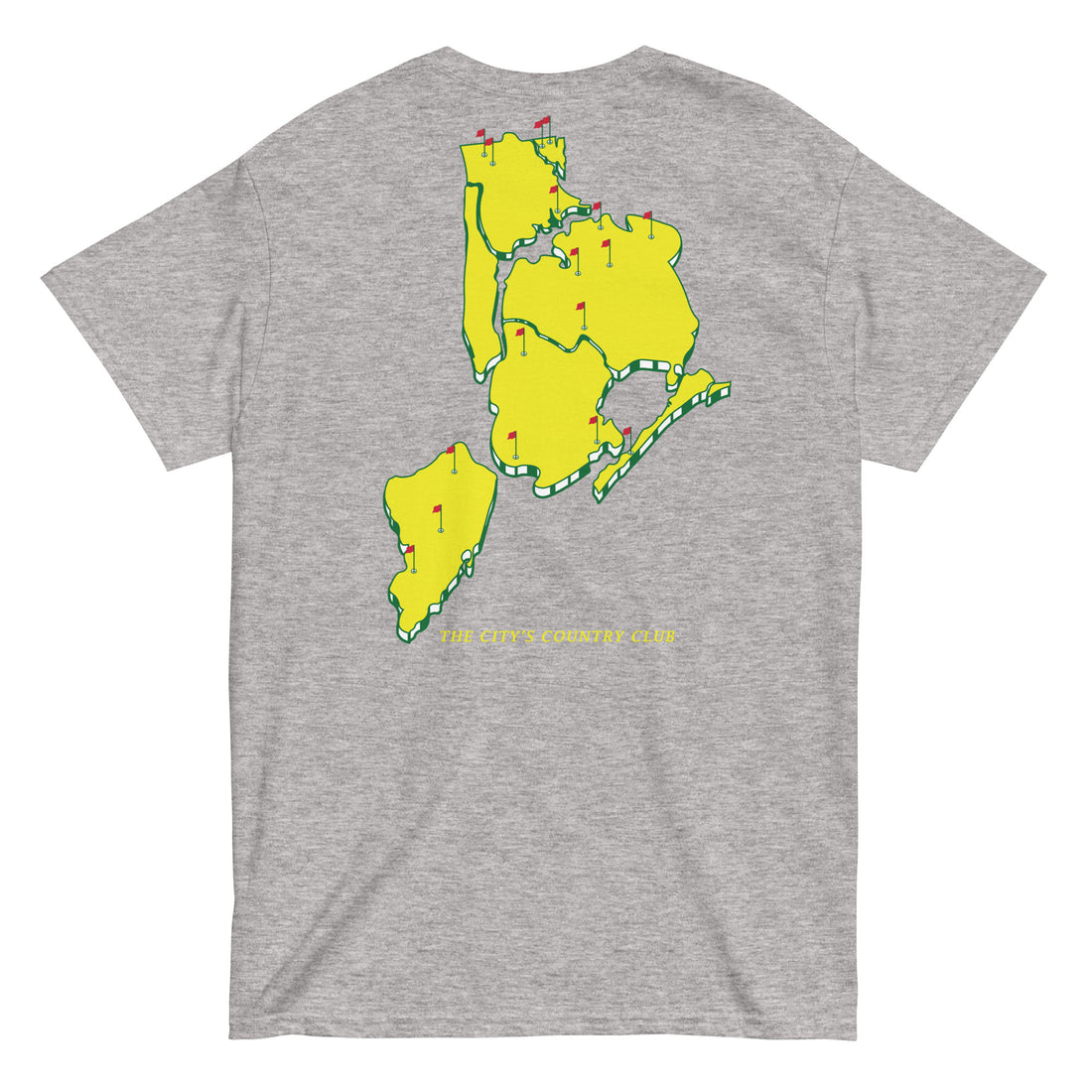   Queens Country Club T-shirt featuring minimalist front text 'Queens Country Club New York' and bold back graphic of NYC borough map with golf flags. Public golf streetwear celebrating New York City's municipal golf culture