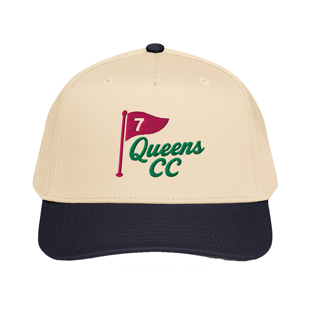 No. 7 QCC 5 panel cap in Navy – front view, Queens golf product by Queens Country Club