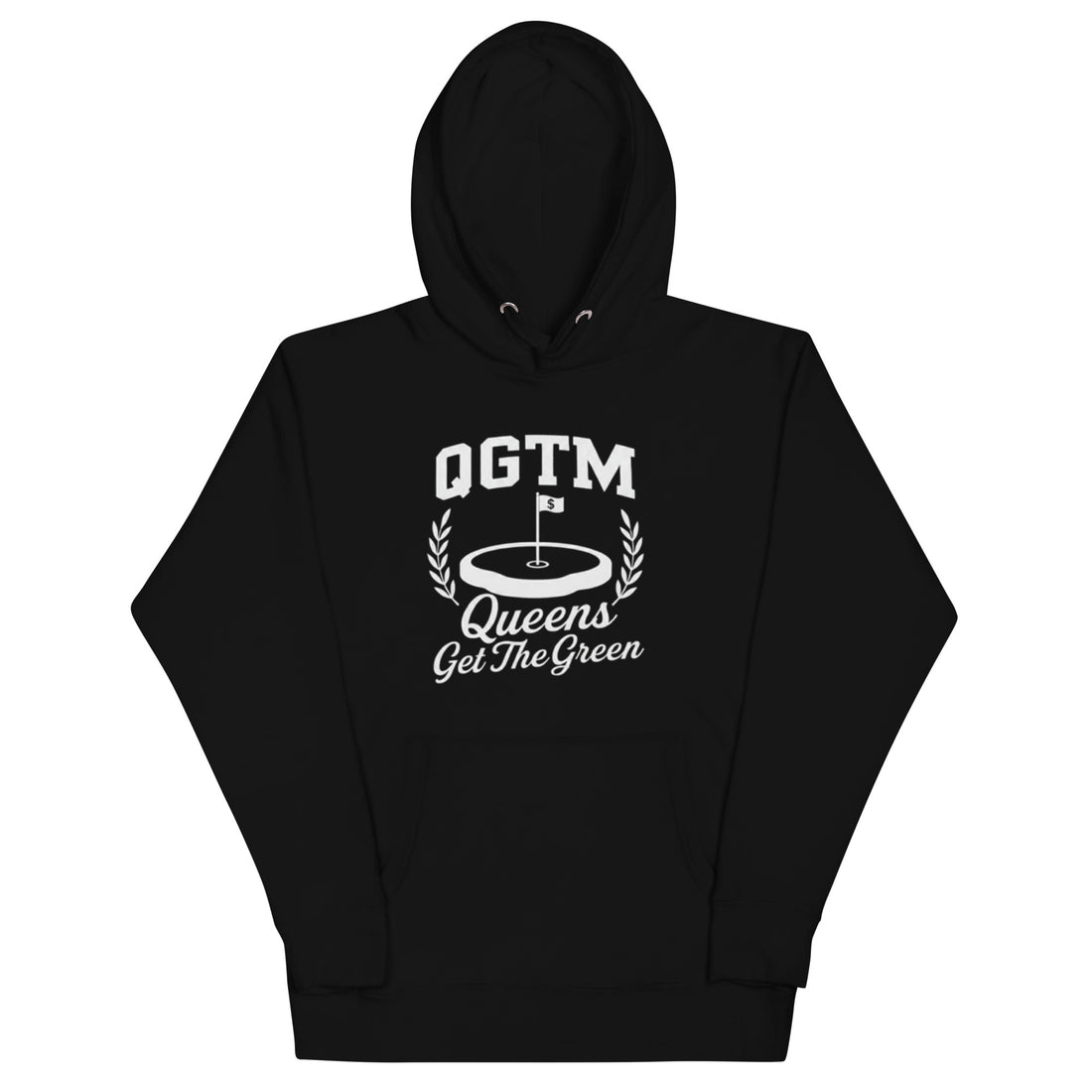  Black Queens Country Club QGTM hoodie featuring white Queens Get The Green graphic with golf flag and laurel wreath design