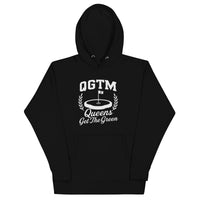  Black Queens Country Club QGTM hoodie featuring white Queens Get The Green graphic with golf flag and laurel wreath design