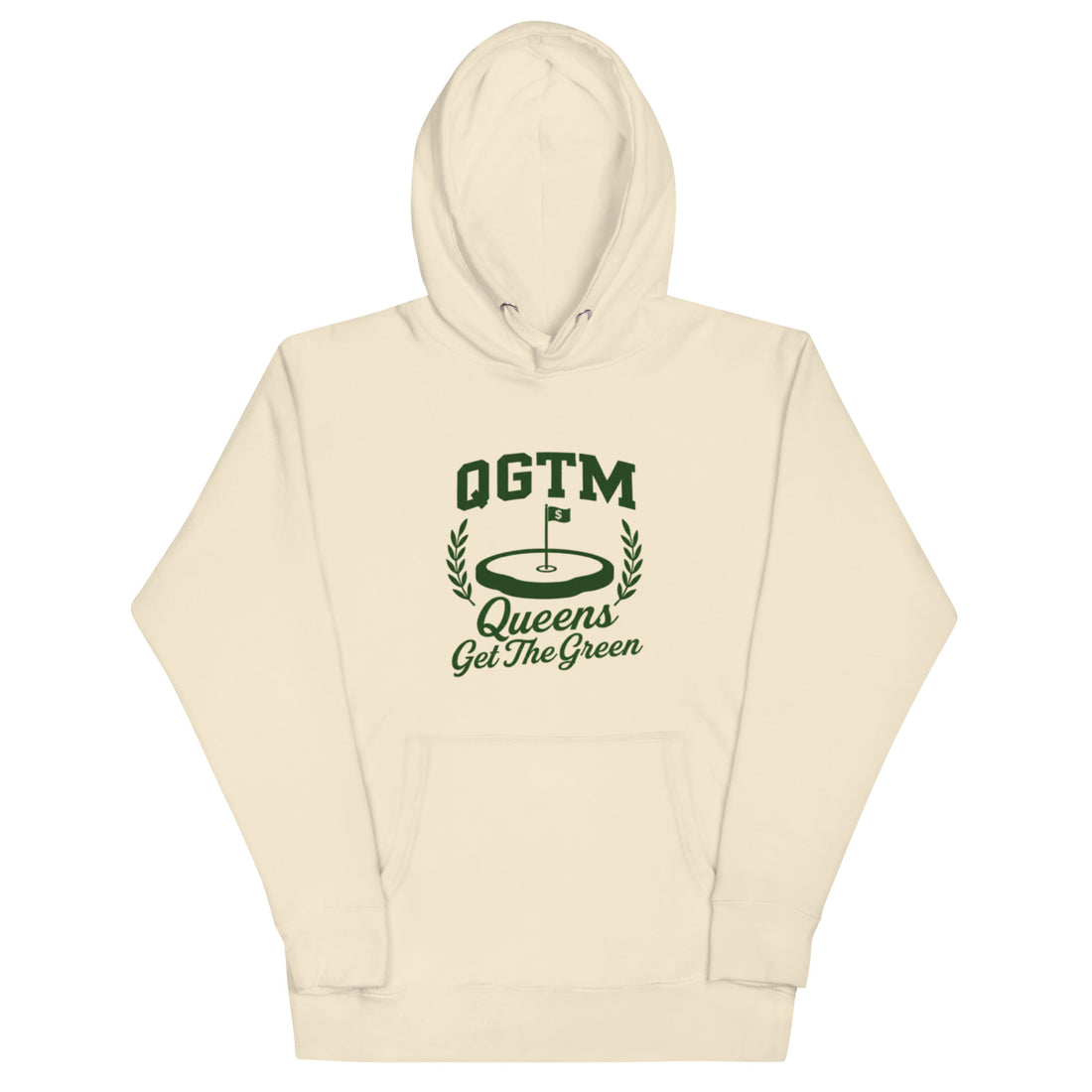 Bone color Queens Country Club QGTM hoodie featuring white Queens Get The Green graphic with golf flag and laurel wreath design