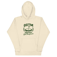 Bone color Queens Country Club QGTM hoodie featuring white Queens Get The Green graphic with golf flag and laurel wreath design