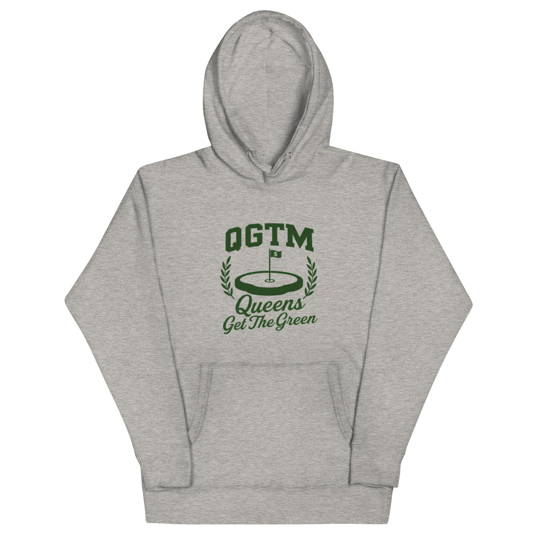  Carbon Grey Black Queens Country Club QGTM hoodie featuring white Queens Get The Green graphic with golf flag and laurel wreath design.