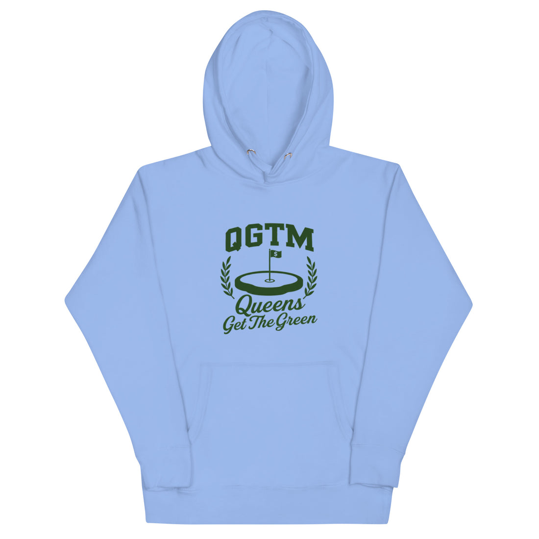  Carolina Blue Black Queens Country Club QGTM hoodie featuring white Queens Get The Green graphic with golf flag and laurel wreath design.