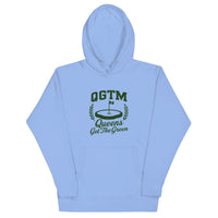  Carolina Blue Black Queens Country Club QGTM hoodie featuring white Queens Get The Green graphic with golf flag and laurel wreath design.