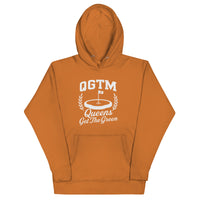  Adobe Queens Country Club QGTM hoodie featuring white Queens Get The Green graphic with golf flag and laurel wreath design