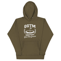 Military Green Queens Country Club QGTM hoodie featuring white Queens Get The Green graphic with golf flag and laurel wreath design