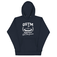  Navy Queens Country Club QGTM hoodie featuring white Queens Get The Green graphic with golf flag and laurel wreath design.