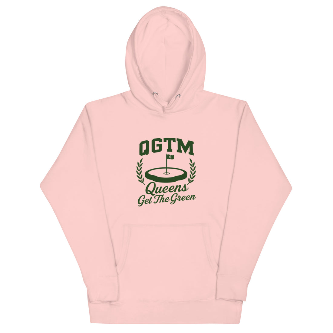 Pink Queens Country Club QGTM hoodie featuring white Queens Get The Green graphic with golf flag and laurel wreath design