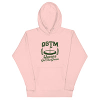 Pink Queens Country Club QGTM hoodie featuring white Queens Get The Green graphic with golf flag and laurel wreath design
