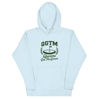  Sky Blue Queens Country Club QGTM hoodie featuring white Queens Get The Green graphic with golf flag and laurel wreath design