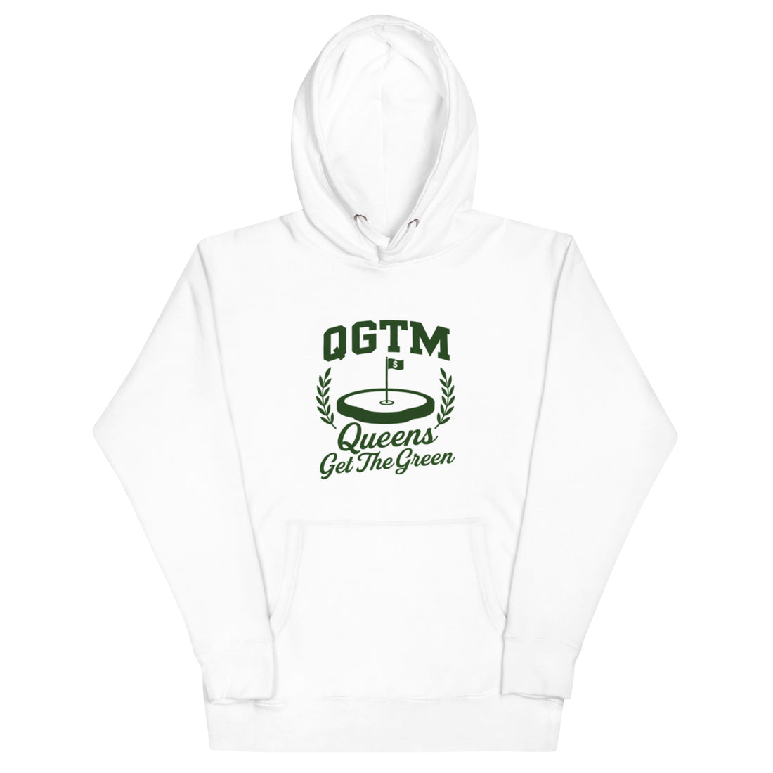 White Queens Country Club QGTM hoodie featuring white Queens Get The Green graphic with golf flag and laurel wreath design
