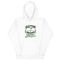 White Queens Country Club QGTM hoodie featuring white Queens Get The Green graphic with golf flag and laurel wreath design