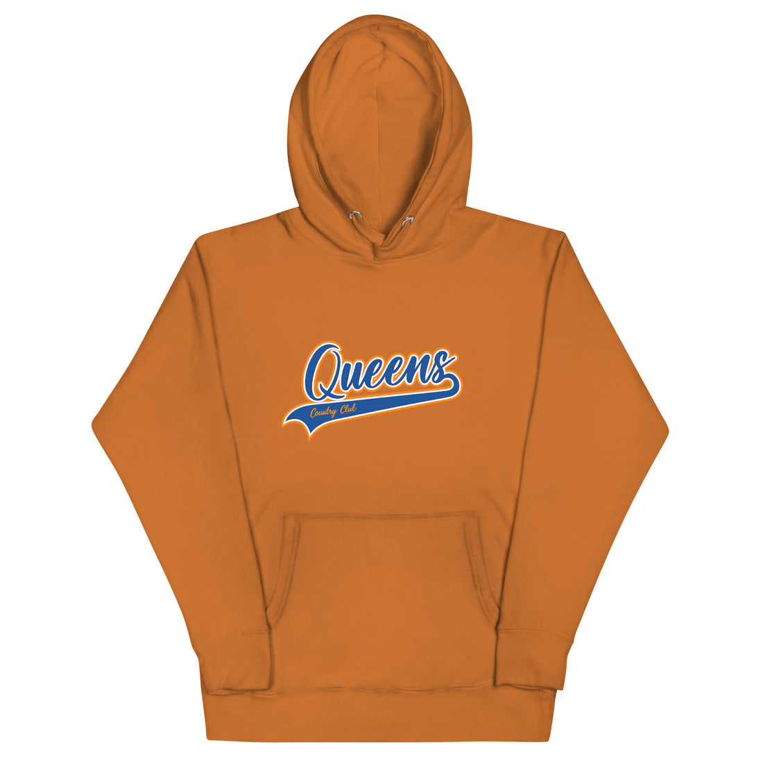  Adobe Queens Country Club hoodie featuring vintage script Queens logo on chest.