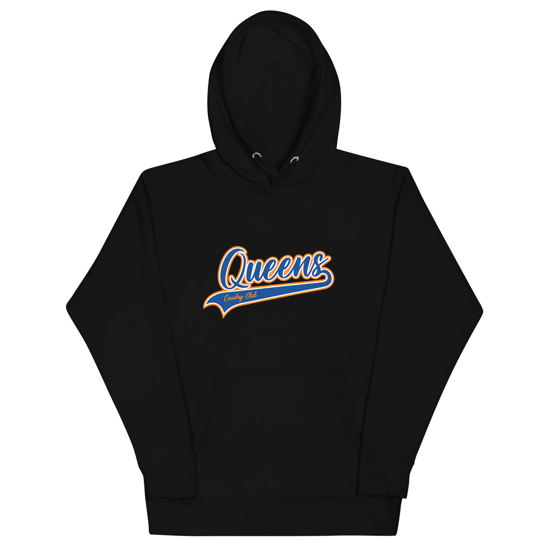 Black Queens Country Club hoodie featuring vintage script Queens logo on chest.