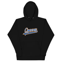 Black Queens Country Club hoodie featuring vintage script Queens logo on chest.