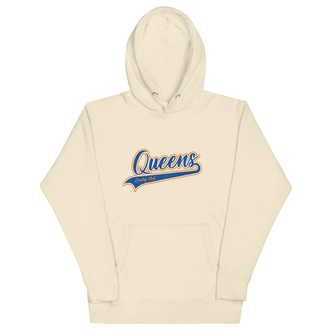 Bone Queens Country Club hoodie featuring vintage script Queens logo on chest.