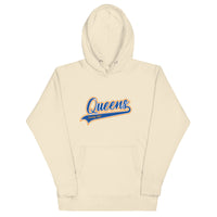 Bone Queens Country Club hoodie featuring vintage script Queens logo on chest.