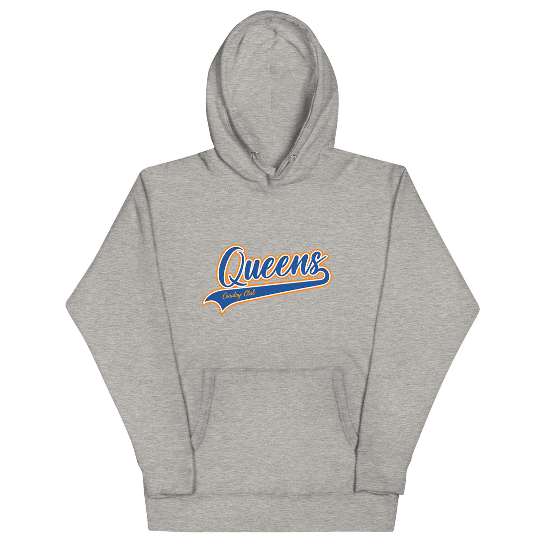 Carbon Grey Queens Country Club hoodie featuring vintage script Queens logo on chest.