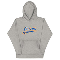 Carbon Grey Queens Country Club hoodie featuring vintage script Queens logo on chest.