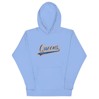  Carolina Blue Queens Country Club hoodie featuring vintage script Queens logo on chest.