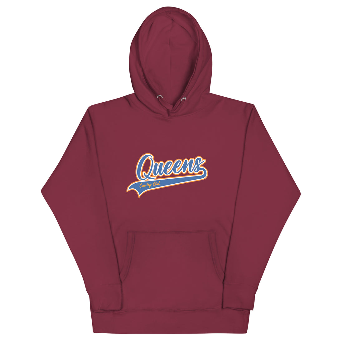 Maroon Queens Country Club hoodie featuring vintage script Queens logo on chest.