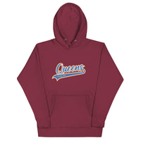 Maroon Queens Country Club hoodie featuring vintage script Queens logo on chest.