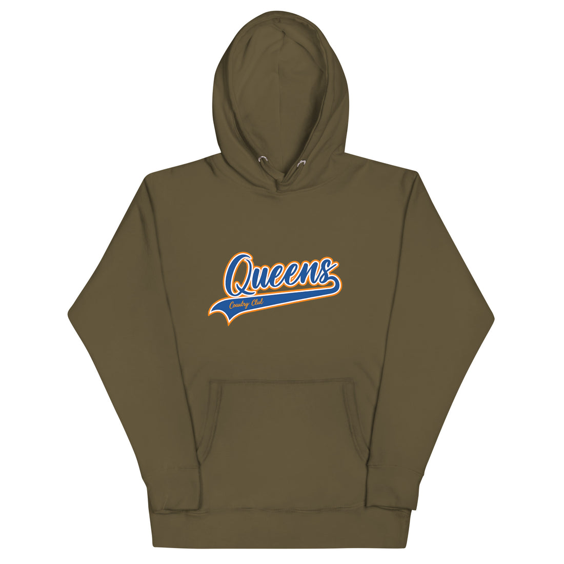 Military Green Queens Country Club hoodie featuring vintage script Queens logo on chest.