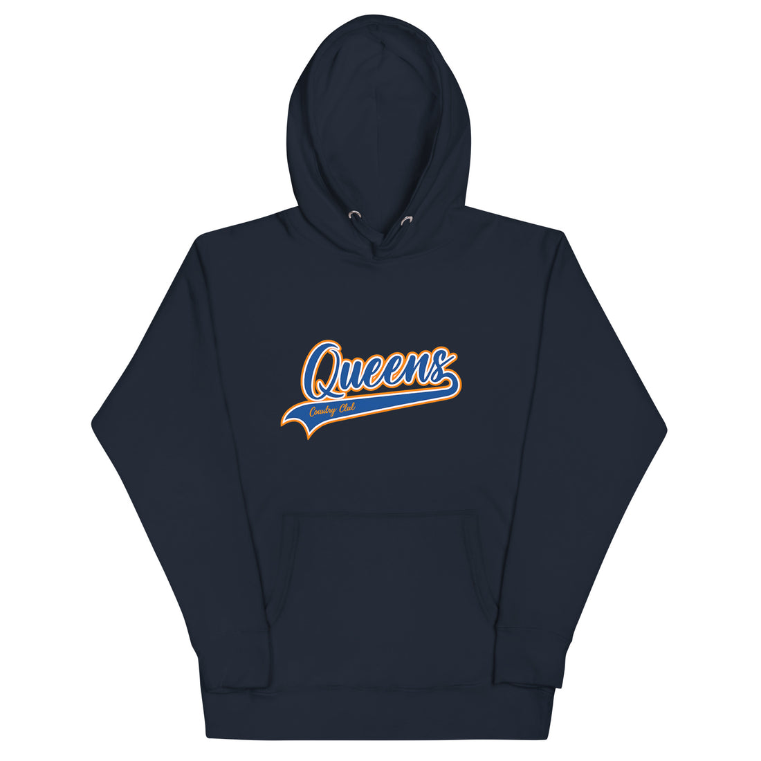  Navy Queens Country Club hoodie featuring vintage script Queens logo on chest.