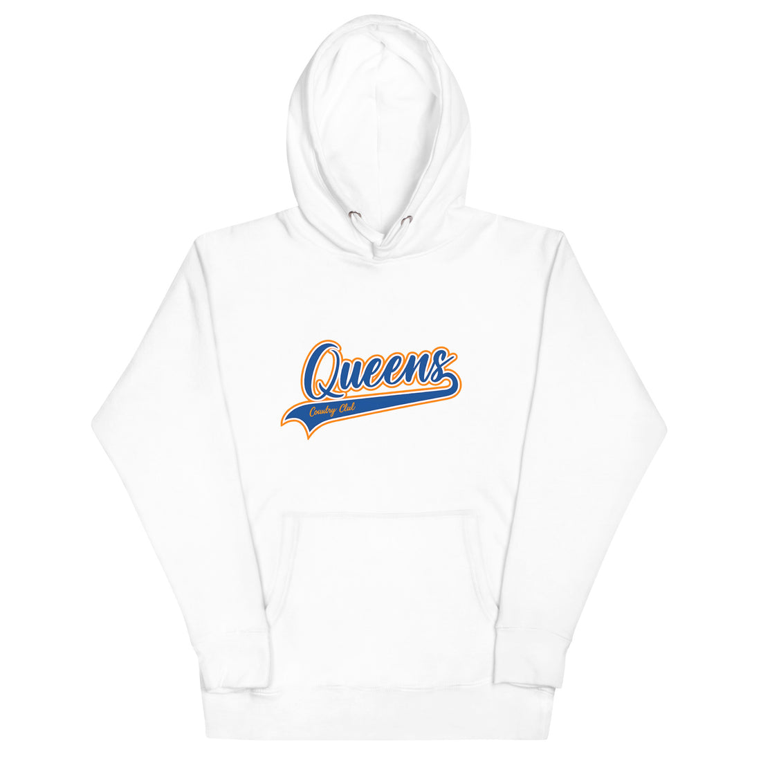  White Queens Country Club hoodie featuring vintage script Queens logo on chest.