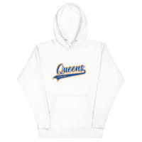  White Queens Country Club hoodie featuring vintage script Queens logo on chest.